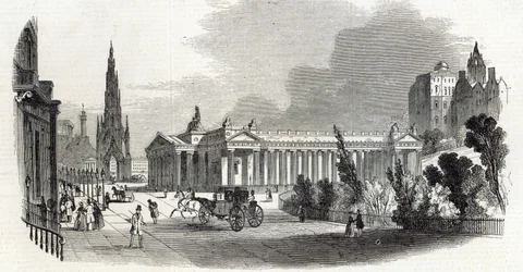 Edinburgh: Királyi Intézet és Scott-emlékmű, a „The Illustrated London News”-ból, 1845. február 22.